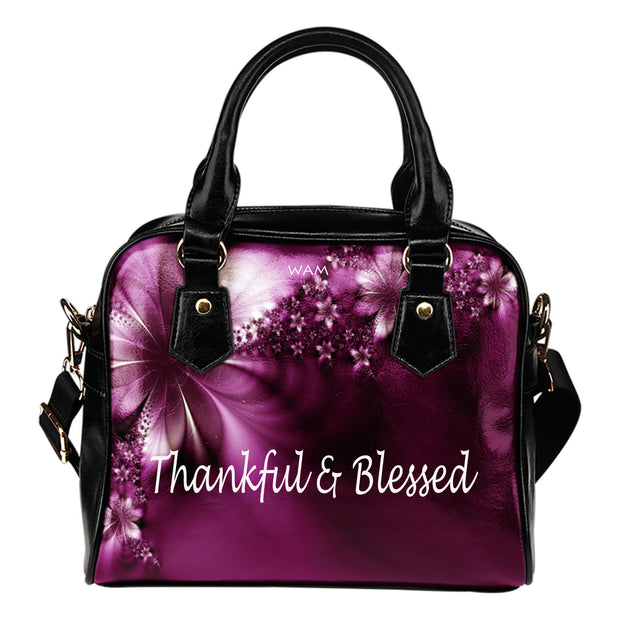 Thankful and blessed purple flower leather shoulder handbag